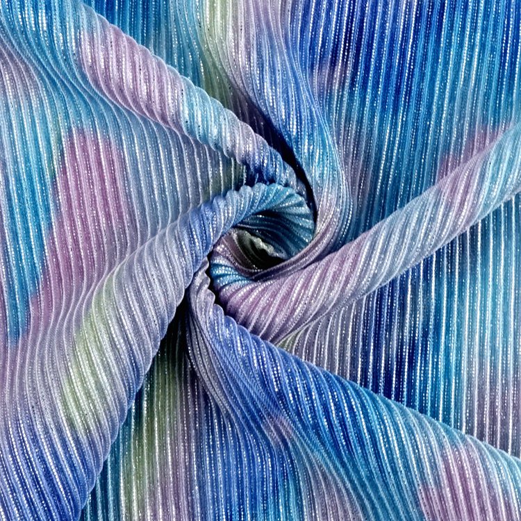 Fancy digital print 100% polyester knit accordion shiny metallic lurex foil crepe fabric for clothing