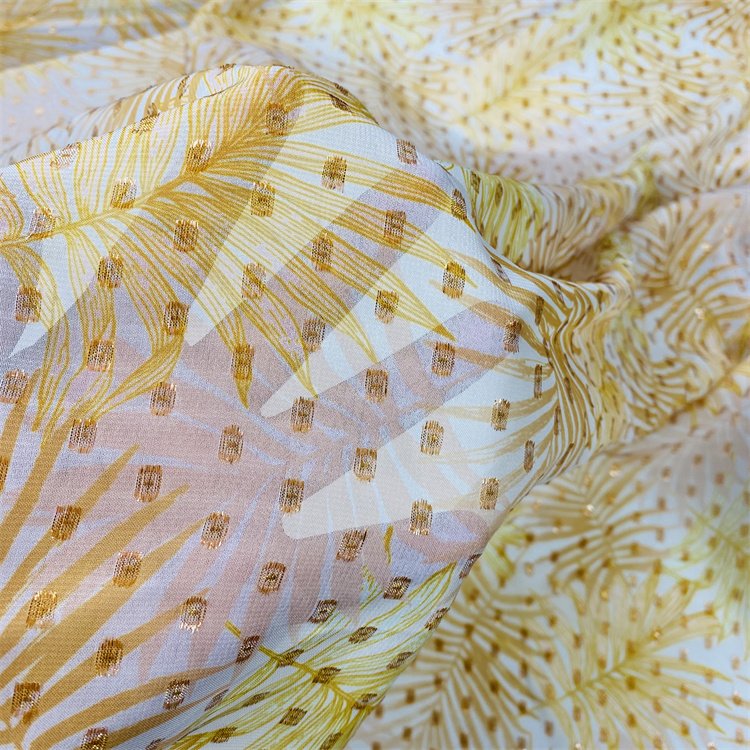 2020 NEW FASHION METALLIC GOLD PRINT CHIFFON JACQUARD FABRICS FOR Ladies' elegant dress
