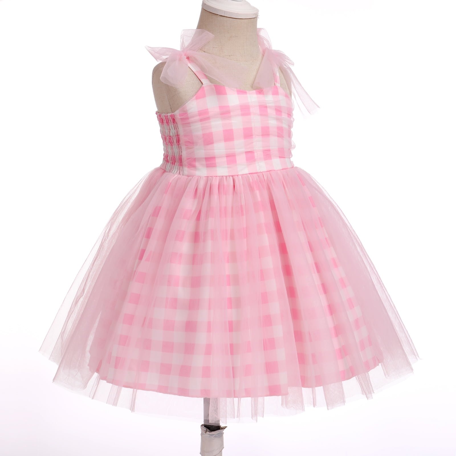Custom Made Plaid Pink Tulle Tutu Dress Girls A-Line Sleeveless Summer Style Sweet Solid Kids Baby Girls' Party Dresses