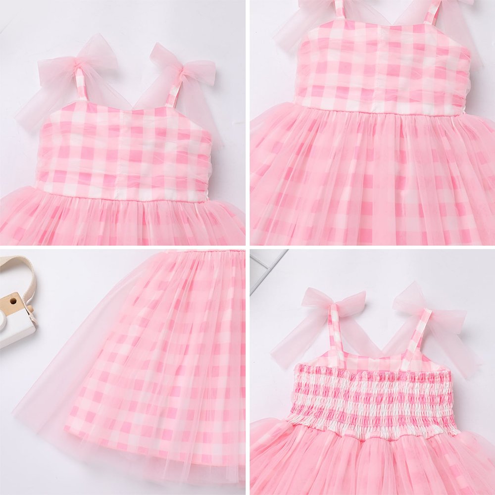 Custom Made Plaid Pink Tulle Tutu Dress Girls A-Line Sleeveless Summer Style Sweet Solid Kids Baby Girls' Party Dresses