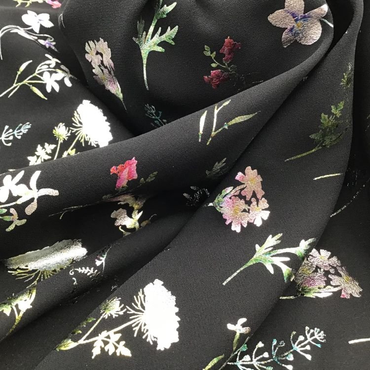 Novelty popular style 75D high twist yarn gold stamp flower pattern imitation linen fabric chiffon fabric for lady dresses