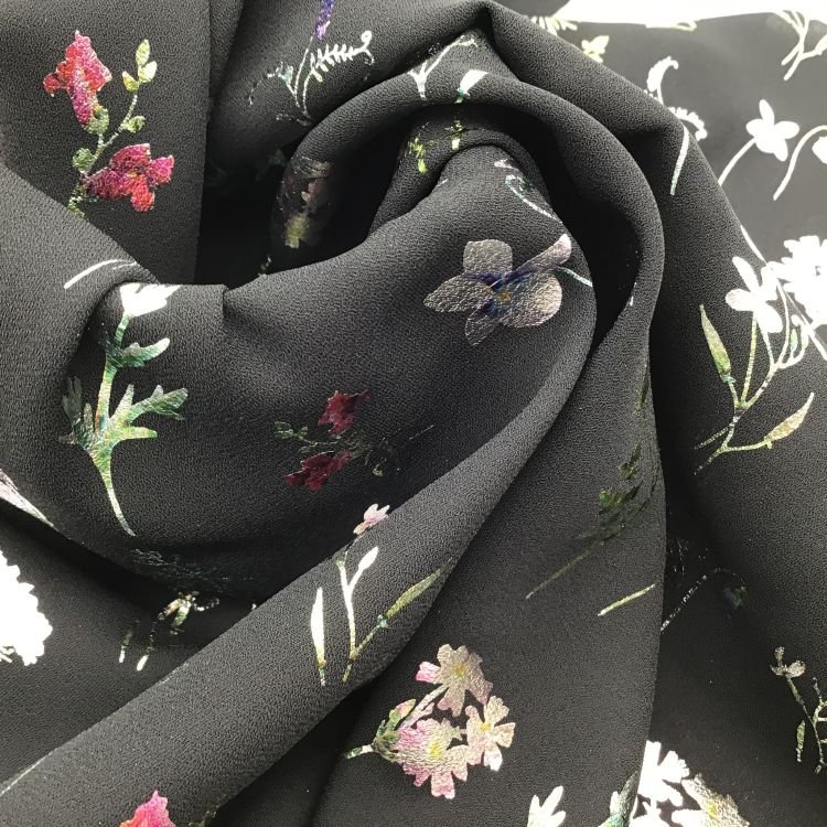 Novelty popular style 75D high twist yarn gold stamp flower pattern imitation linen fabric chiffon fabric for lady dresses