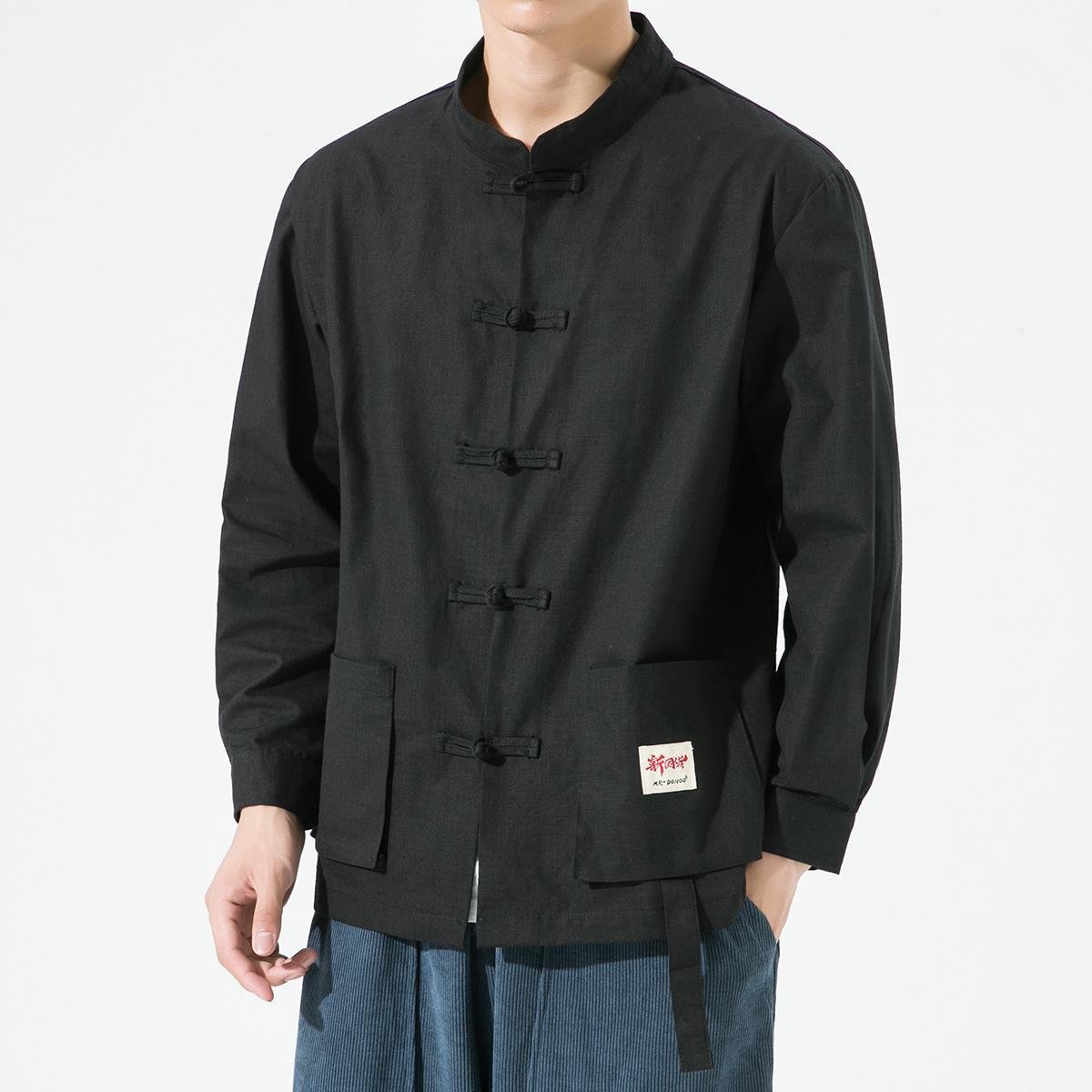 2024 new Chinese style men's trend washed craft workwear woven collar retro disc button shirt jacket men linen shirt