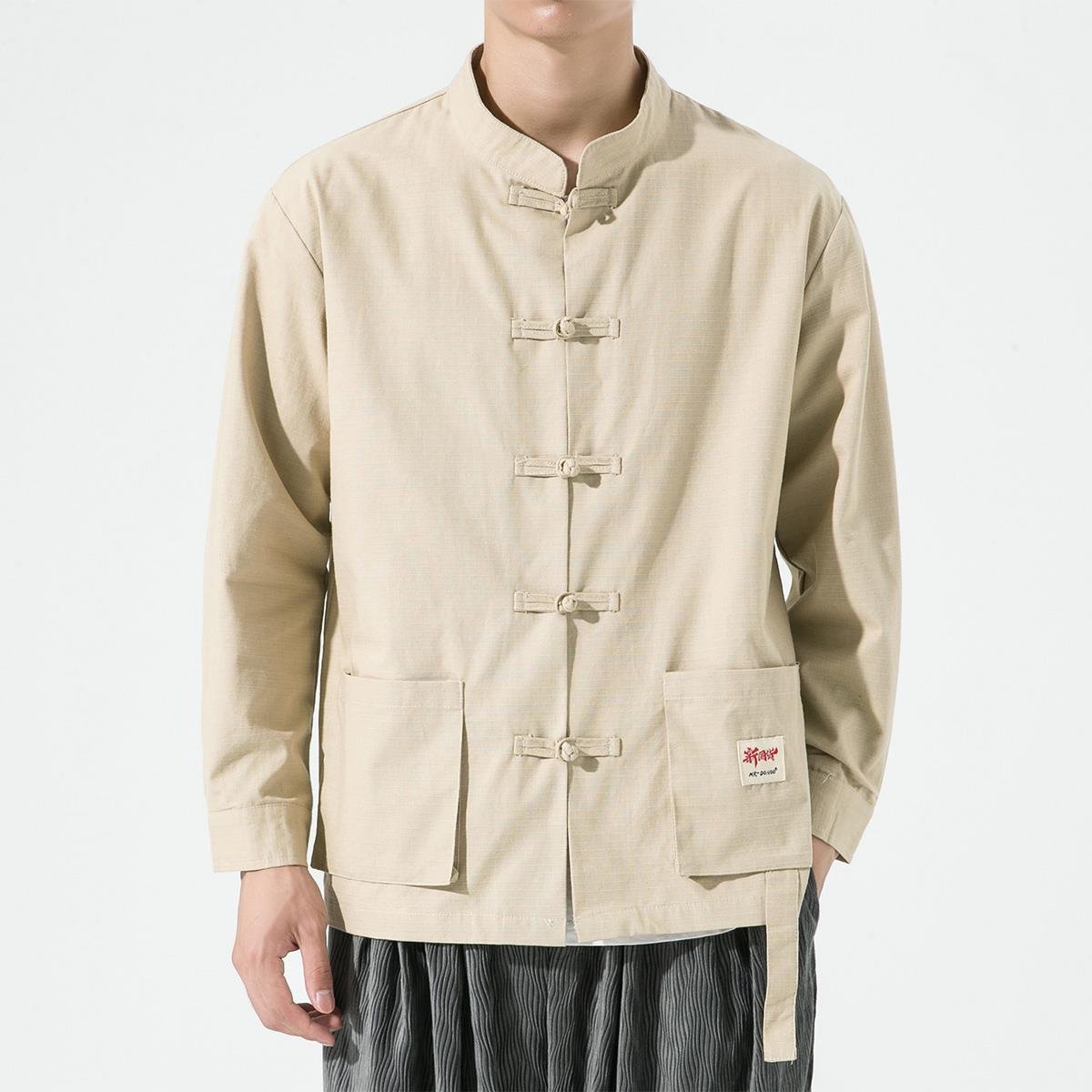 2024 new Chinese style men's trend washed craft workwear woven collar retro disc button shirt jacket men linen shirt