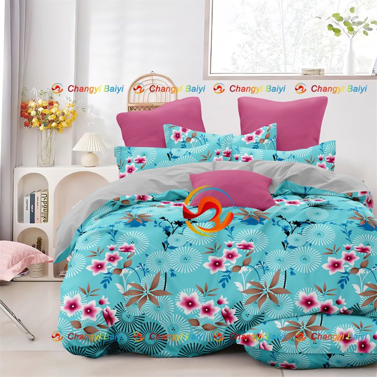 Microfiber polyester bedding set source factory supply brushed printed geometric design customized flower bedsheet set bed linen