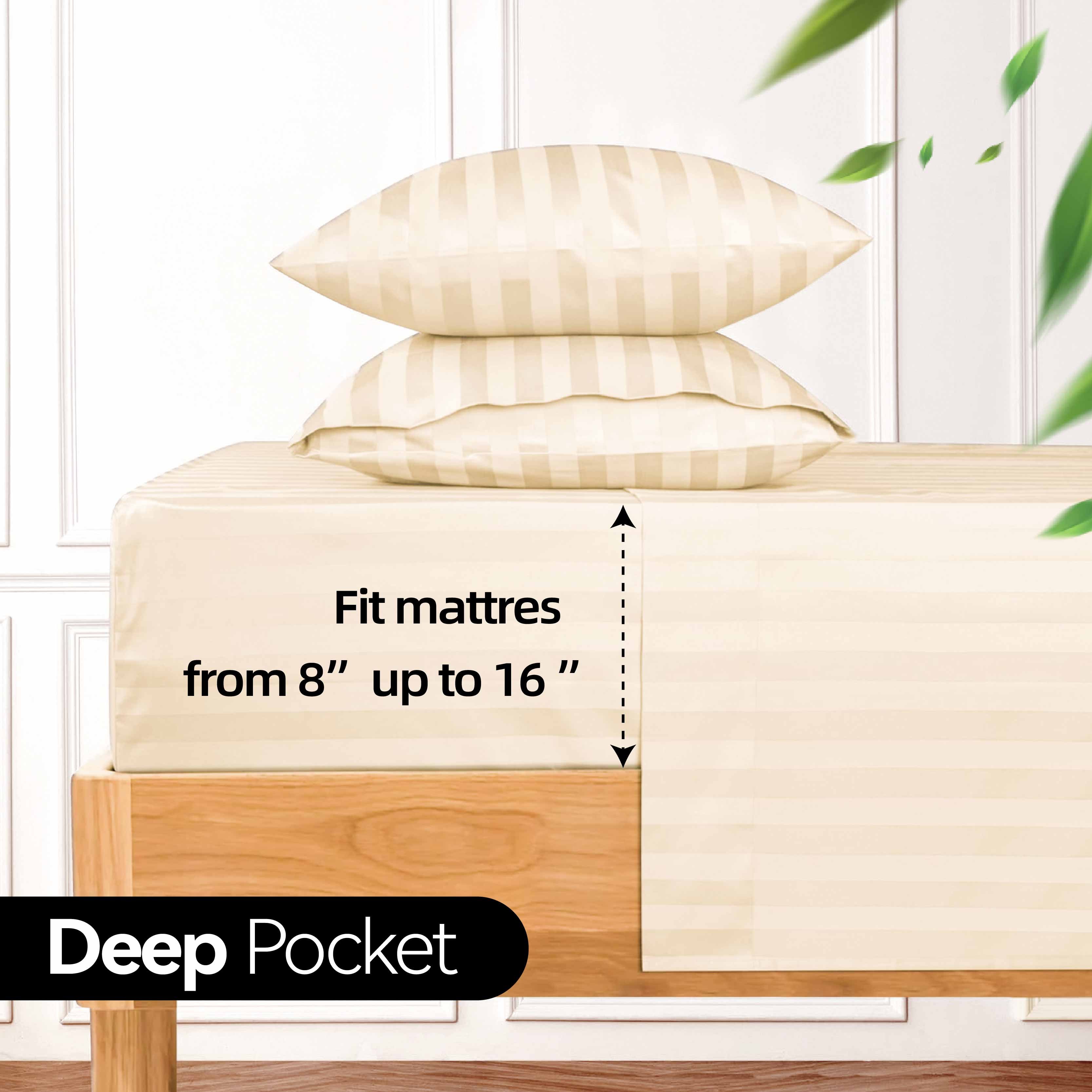 Luxury 300TC Breathable 3cm Stripe Bamboo Bedding Set Anti-Static Pillowcase and Fitted Sheet like Mulberry Silk for Home Use
