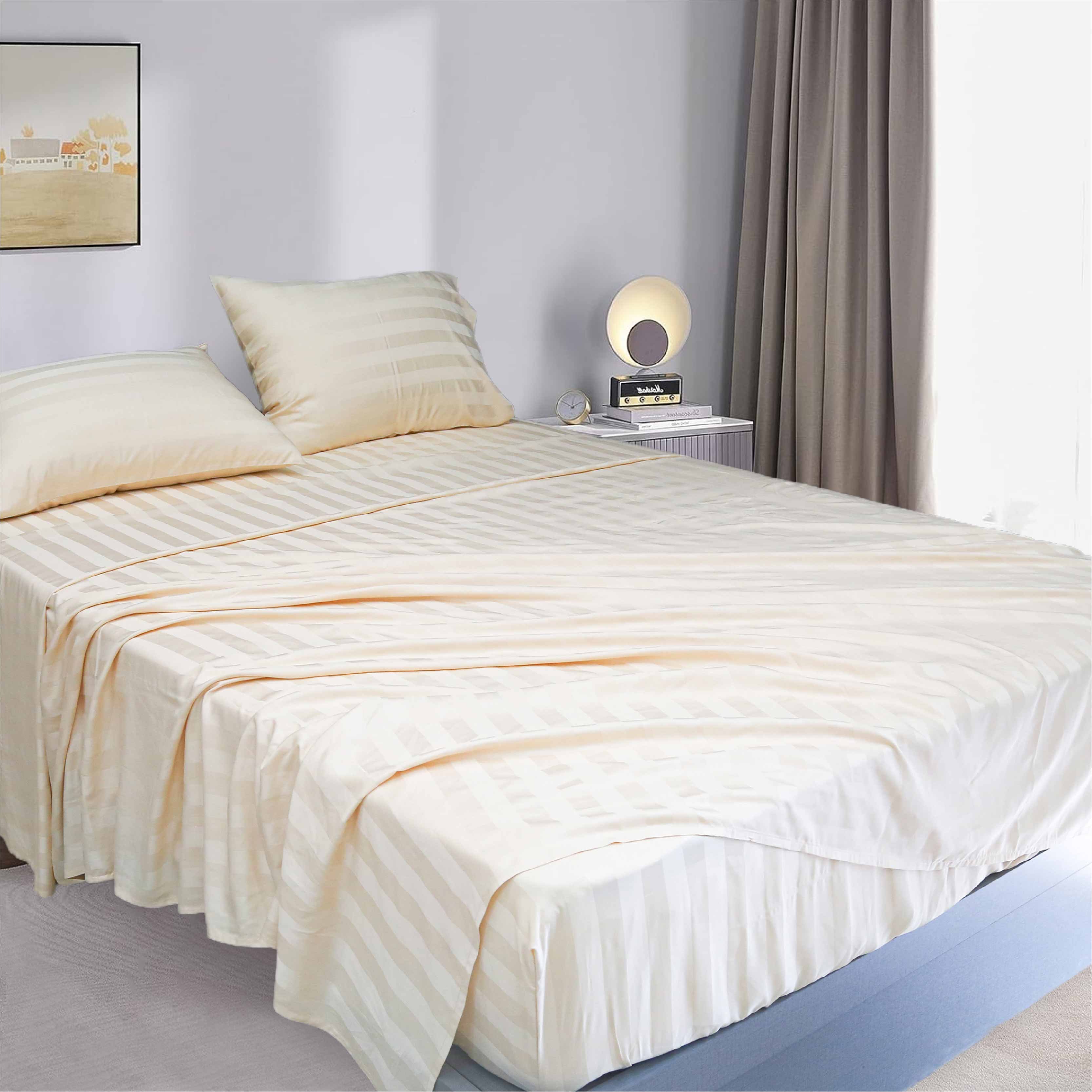 Luxury 300TC Breathable 3cm Stripe Bamboo Bedding Set Anti-Static Pillowcase and Fitted Sheet like Mulberry Silk for Home Use