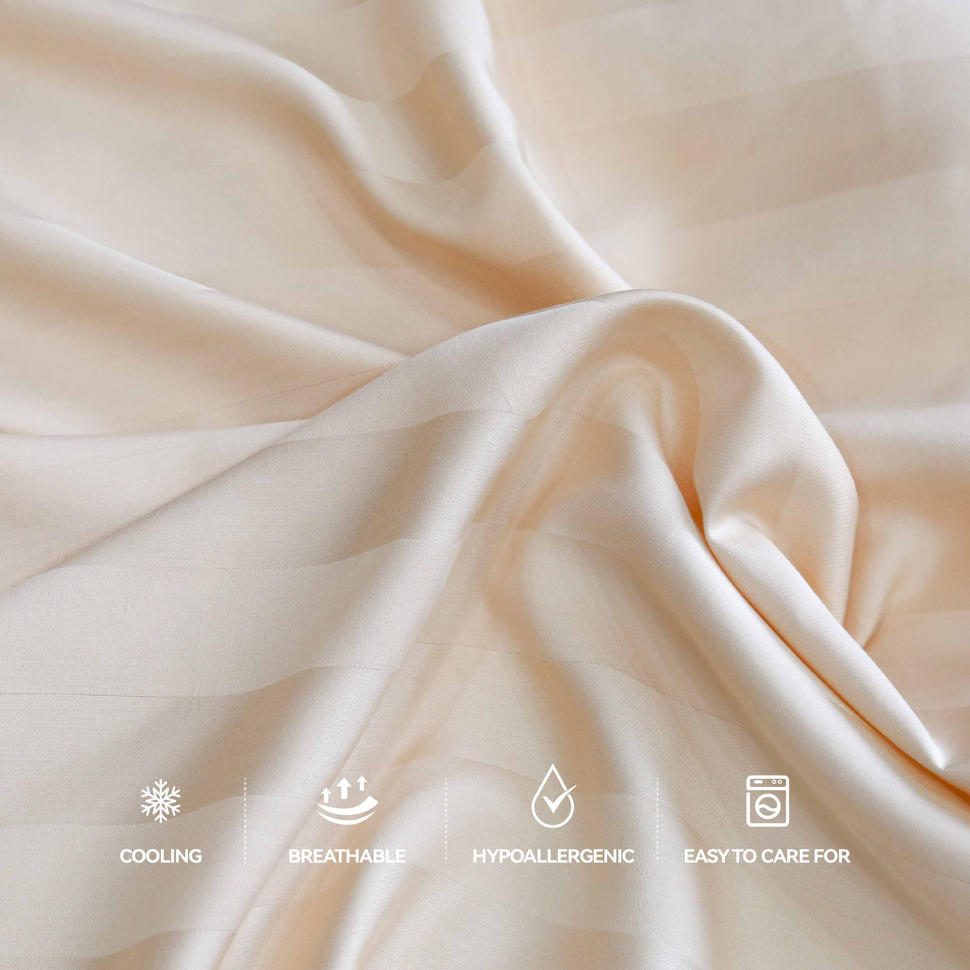 Luxury 300TC Breathable 3cm Stripe Bamboo Bedding Set Anti-Static Pillowcase and Fitted Sheet like Mulberry Silk for Home Use