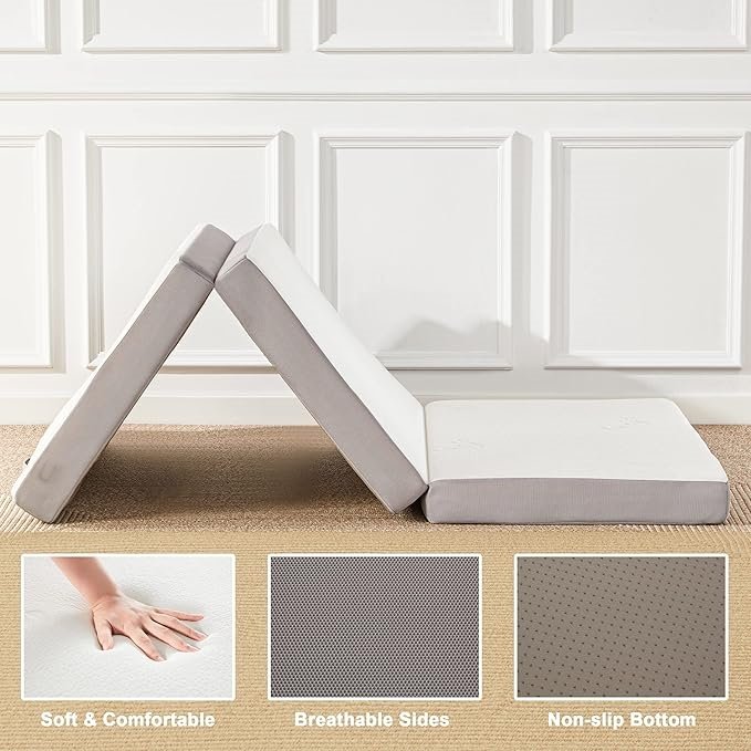 Folding Mattress, 4 Inch Memory Foam Tri-fold Mattress with Breathable & Washable Bamboo Fiber Fabric Cover