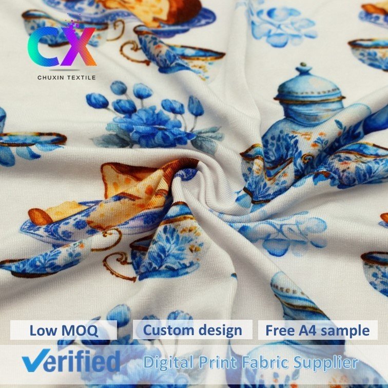 New arrival knitted blue single jersey flower elastic stretch 95% bamboo 5% spandex digital printing fabrics for men 230gsm