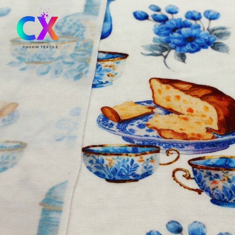 New arrival knitted blue single jersey flower elastic stretch 95% bamboo 5% spandex digital printing fabrics for men 230gsm