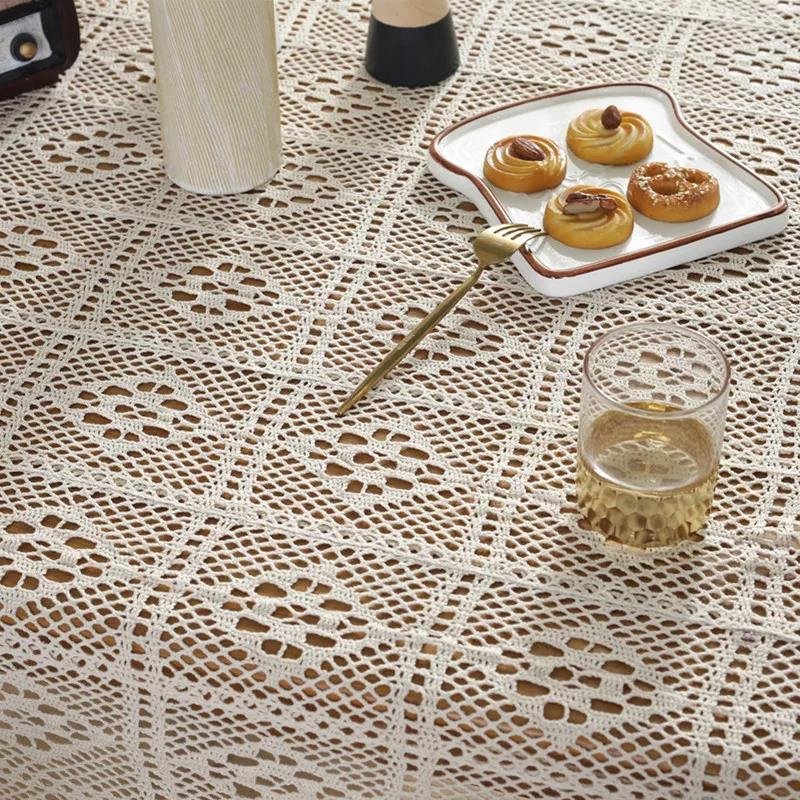 Table cloth table cover American Pastoral Hollow Crochet Tablecloth Rectangular Woven Tablecloth Lace Tassel Table Cover