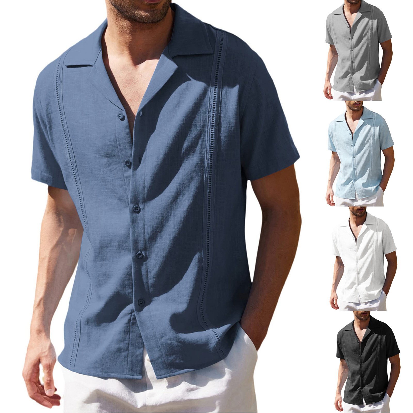 Men Fashion Summer Short Sleeve Linen Shirts lapel Men's Casual Solid Color Tops Blouse