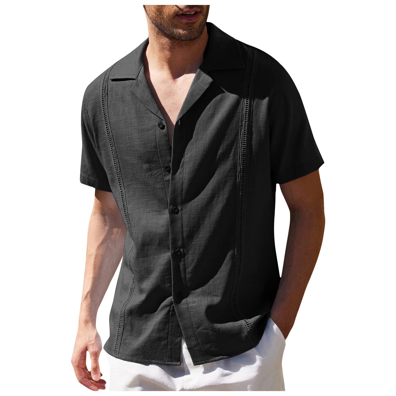 Men Fashion Summer Short Sleeve Linen Shirts lapel Men's Casual Solid Color Tops Blouse