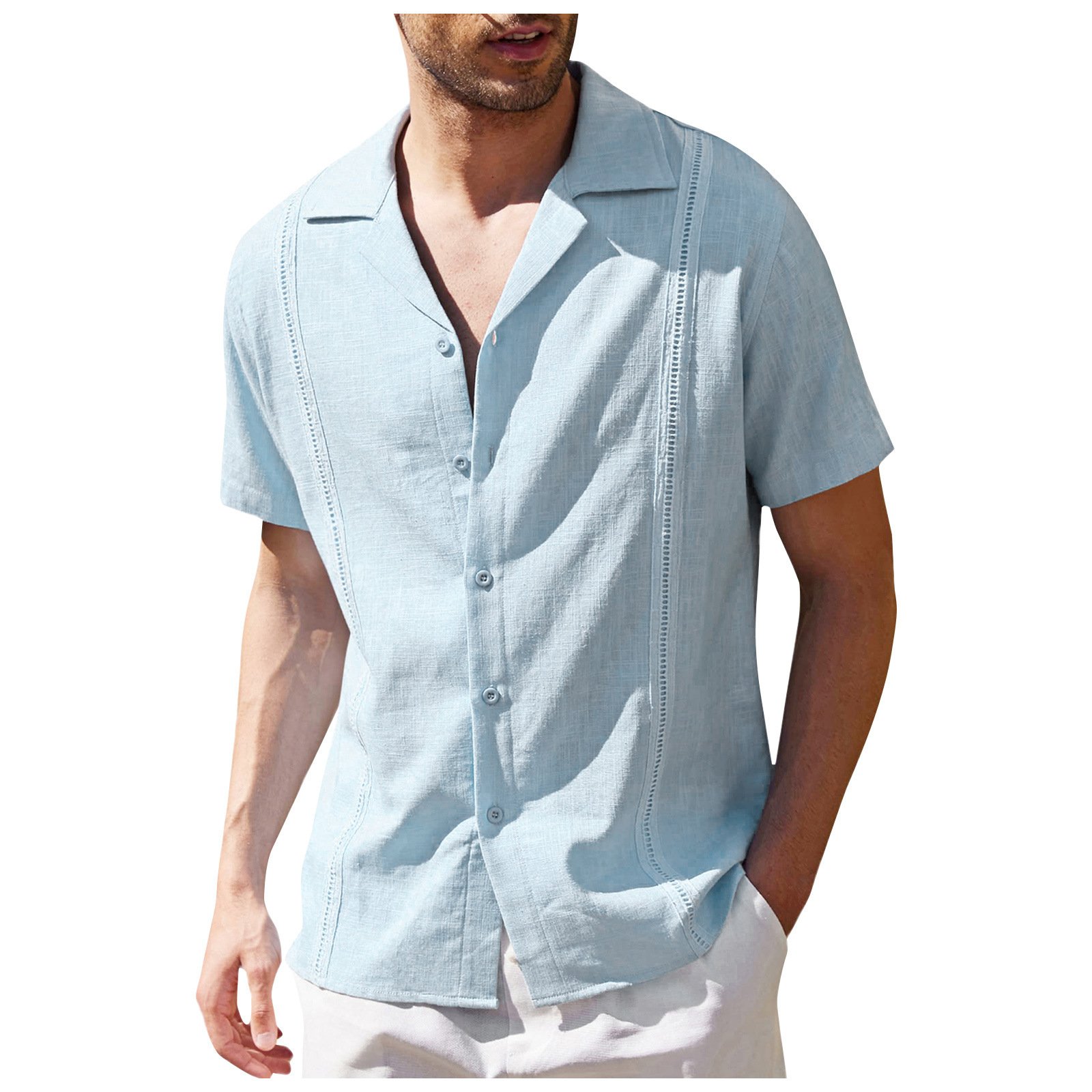 Men Fashion Summer Short Sleeve Linen Shirts lapel Men's Casual Solid Color Tops Blouse