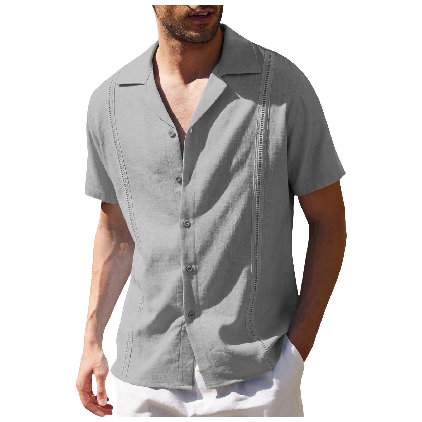Men Fashion Summer Short Sleeve Linen Shirts lapel Men's Casual Solid Color Tops Blouse