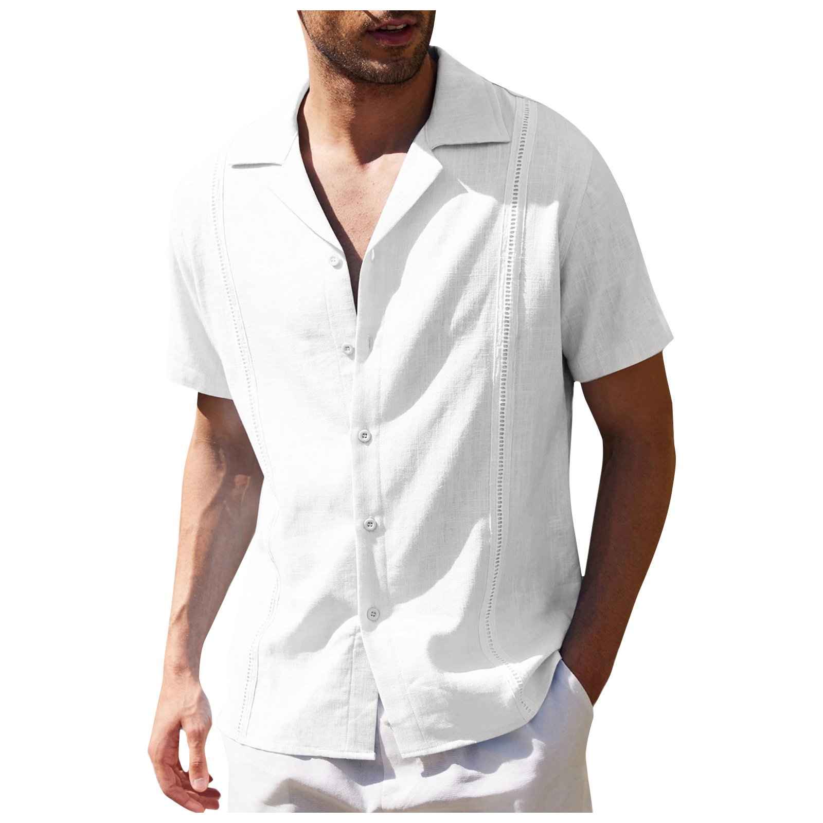 Men Fashion Summer Short Sleeve Linen Shirts lapel Men's Casual Solid Color Tops Blouse