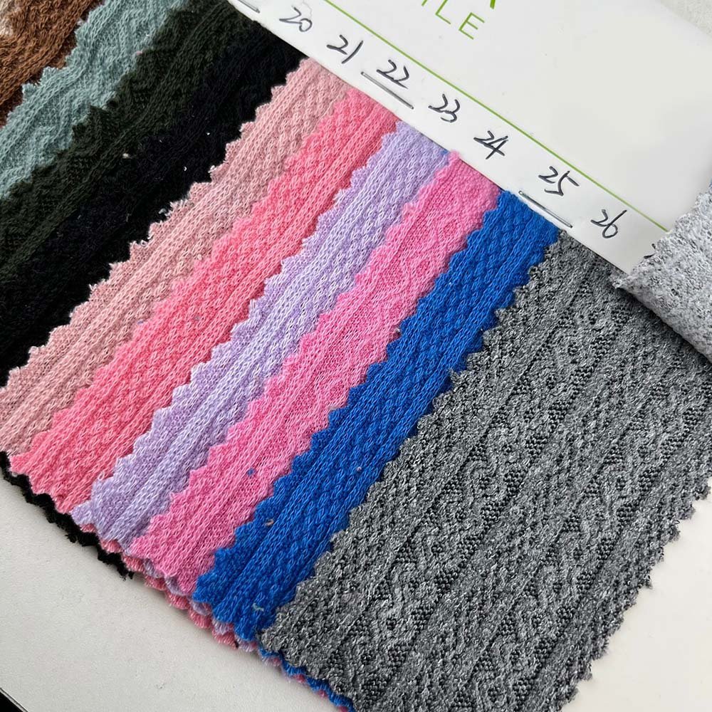 Custom pattern solid 98% polyester 2% spandex knitted hacci brocade sweater jacquard design fabric 260gsm JiaYu Textile