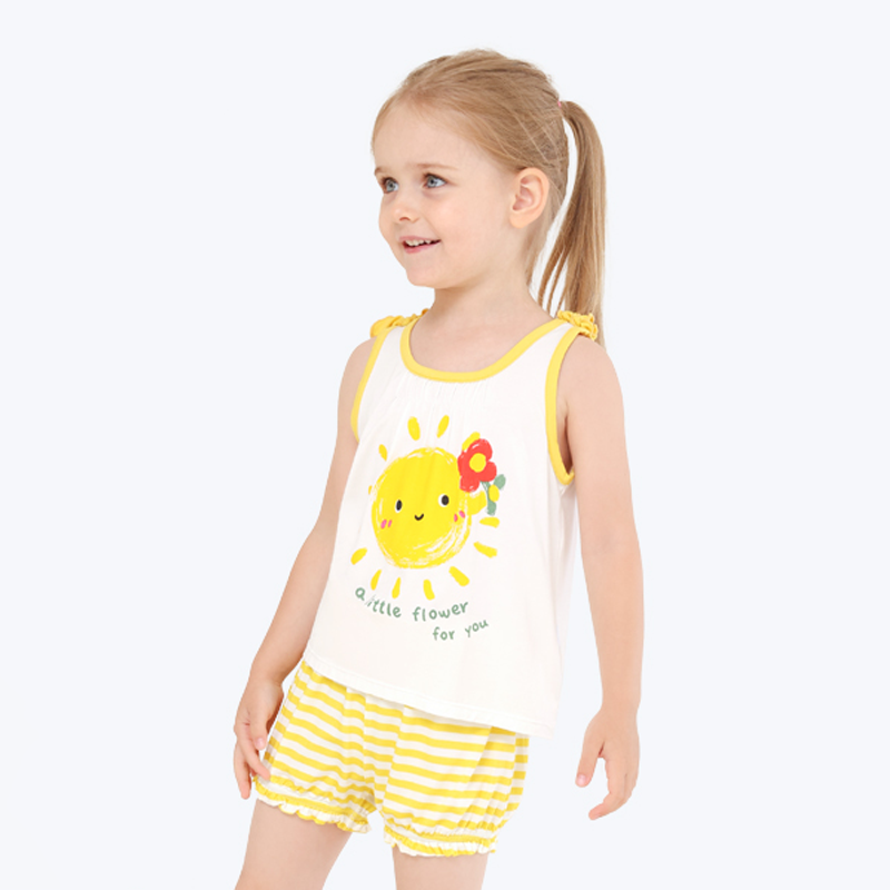 Kids Girl Clothing Wholesale Customized Print Plain Two Pieces Organic Bamboo Cotton Sleeveless Sling Children Clothing Set