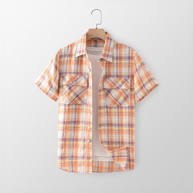 Summer new linen men's casual plaid short-sleeved cool simple lapel patch pocket linen shirt