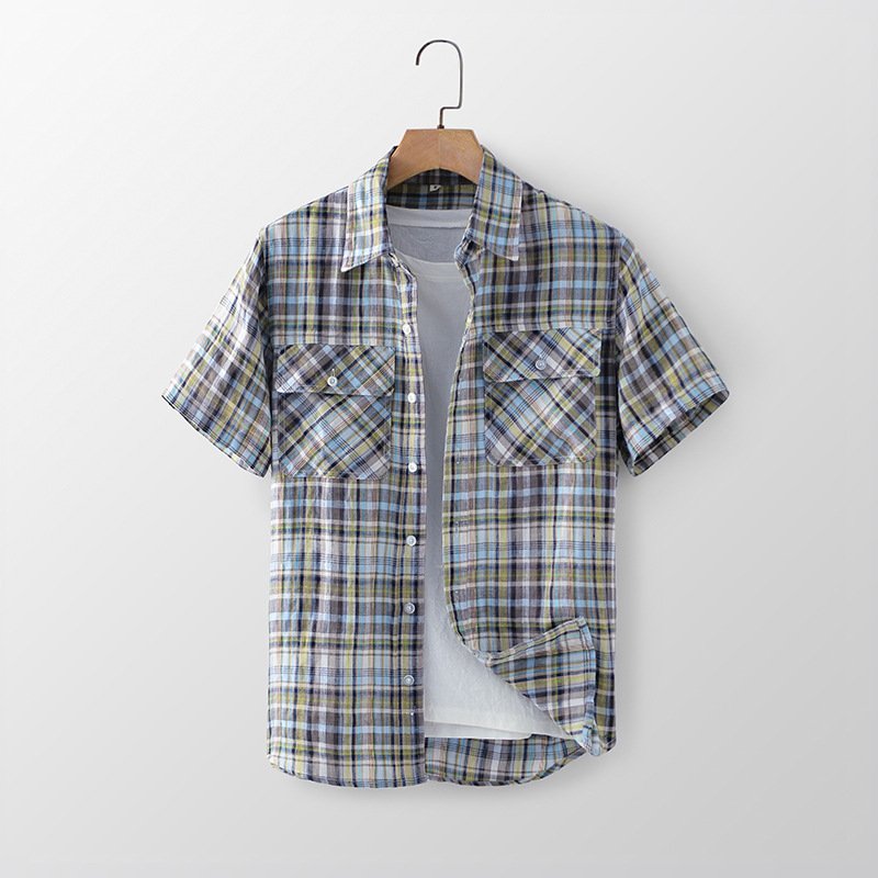 Summer new linen men's casual plaid short-sleeved cool simple lapel patch pocket linen shirt