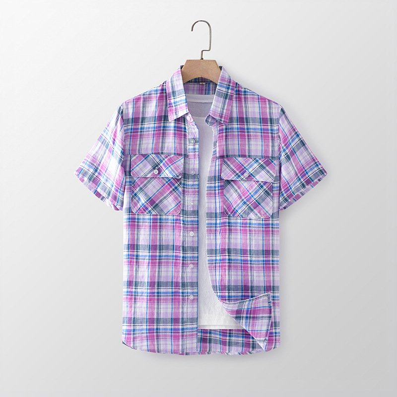 Summer new linen men's casual plaid short-sleeved cool simple lapel patch pocket linen shirt
