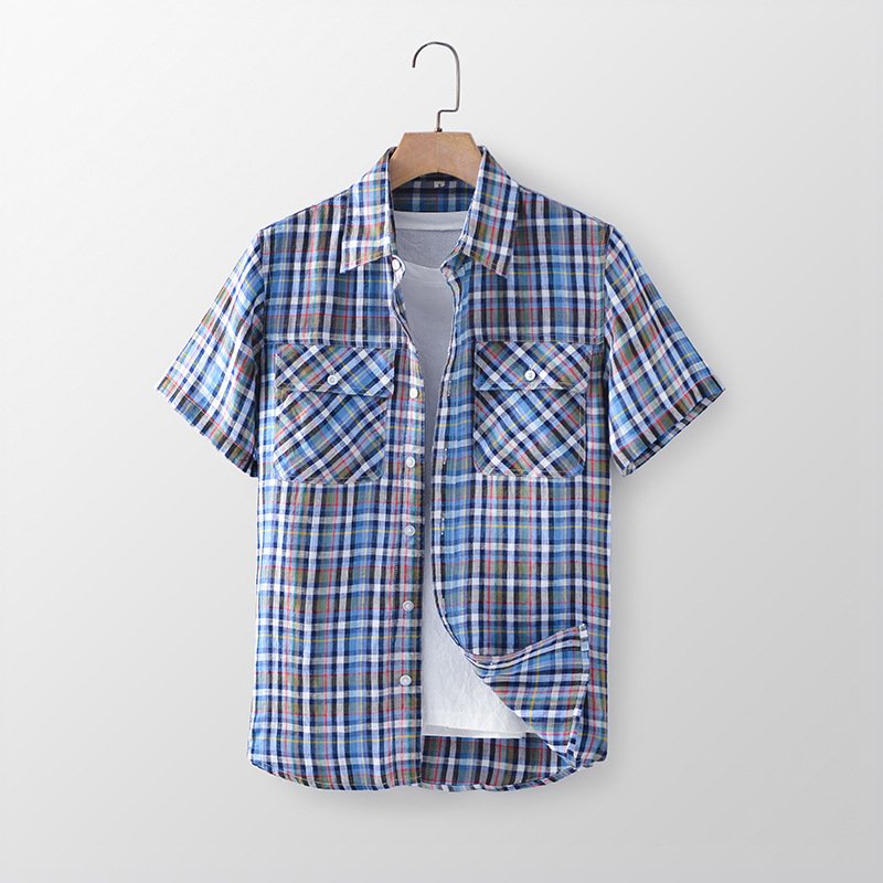 Summer new linen men's casual plaid short-sleeved cool simple lapel patch pocket linen shirt
