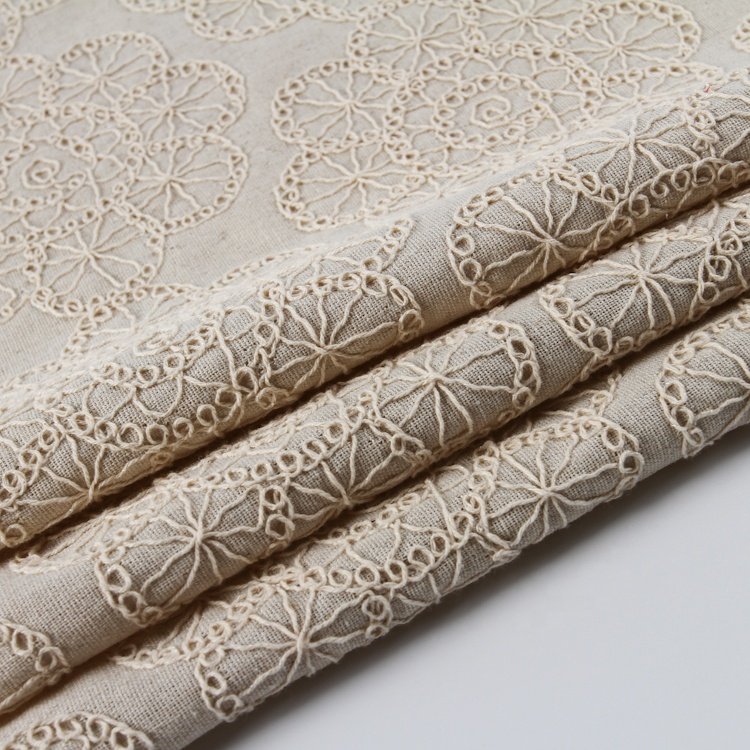 HA-17387 China factory woven linen viscose fabric with all over cord embroidery