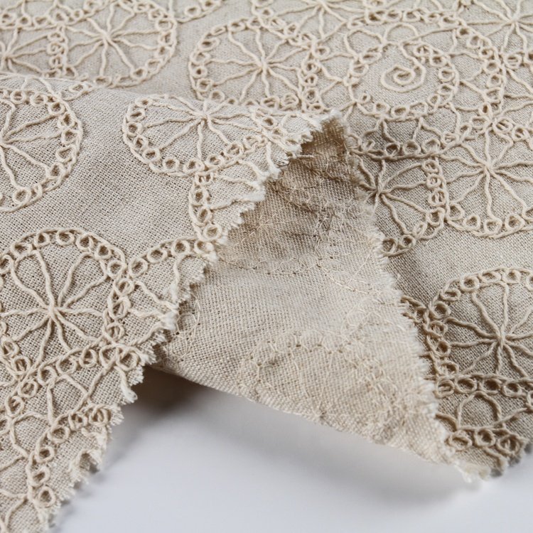 HA-17387 China factory woven linen viscose fabric with all over cord embroidery