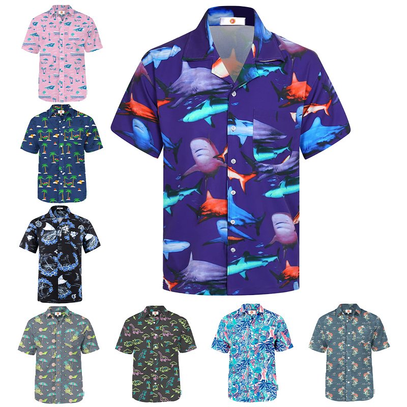 High quality design custom full print button holiday men's shirt short fashion camping beach shirt for men