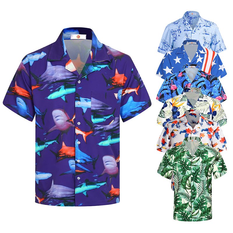 High quality design custom full print button holiday men's shirt short fashion camping beach shirt for men