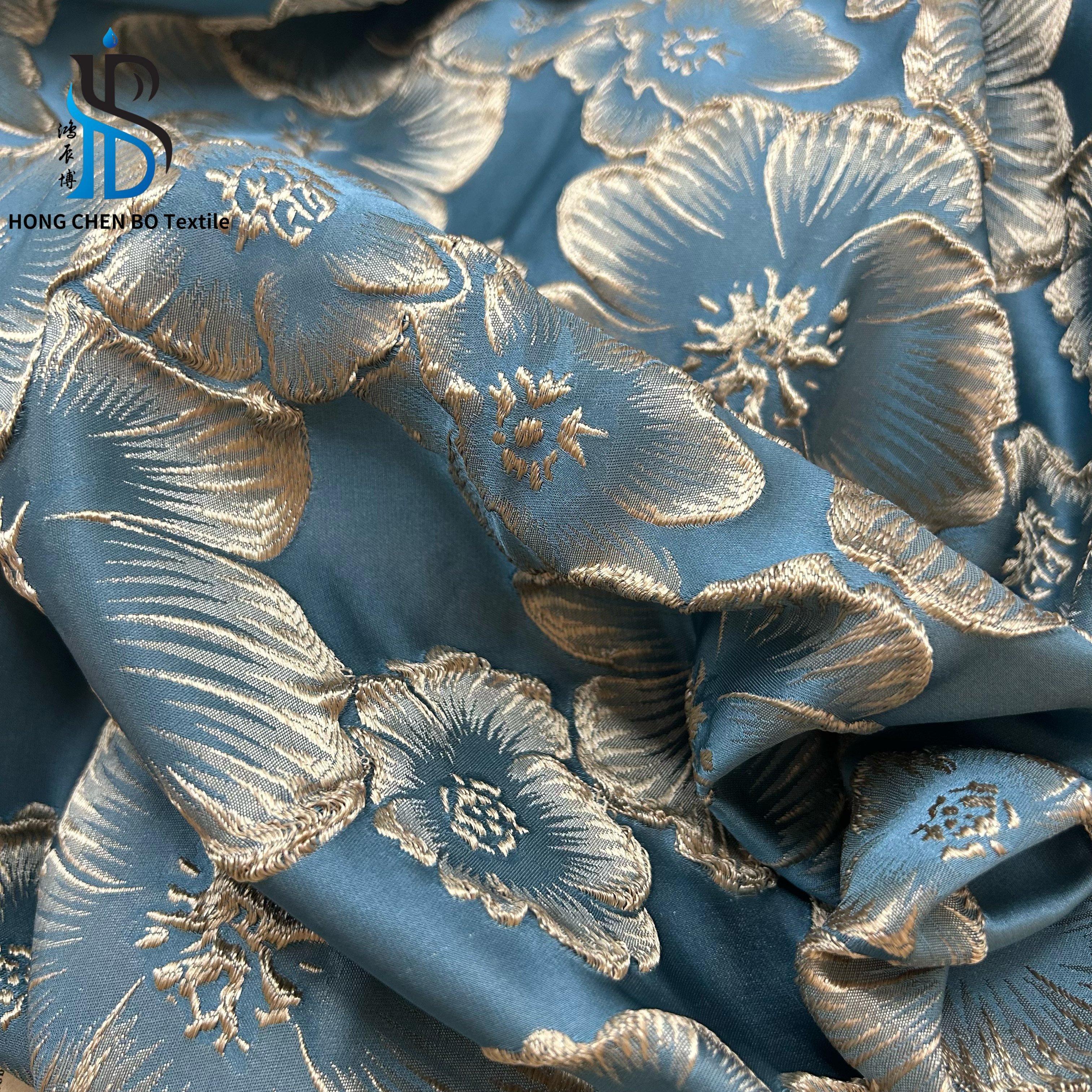 Factory direct price new little small fresh gold flower blue color brocade jacquard fabric for clothing