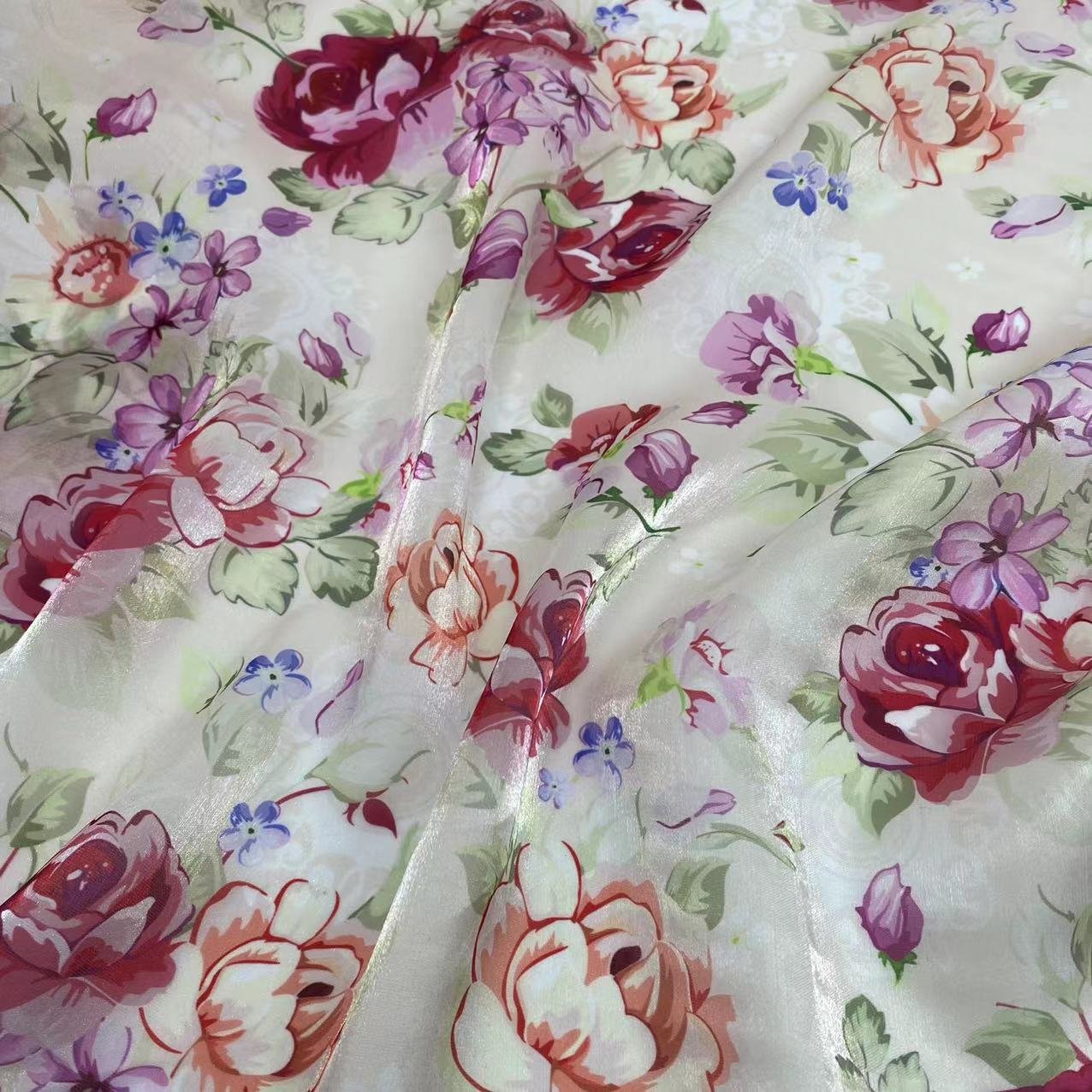 High Quality Polyester Soft Shiny Lightweight Beautiful Flowers Design Pattern Liquid Organza Fabric for women dress