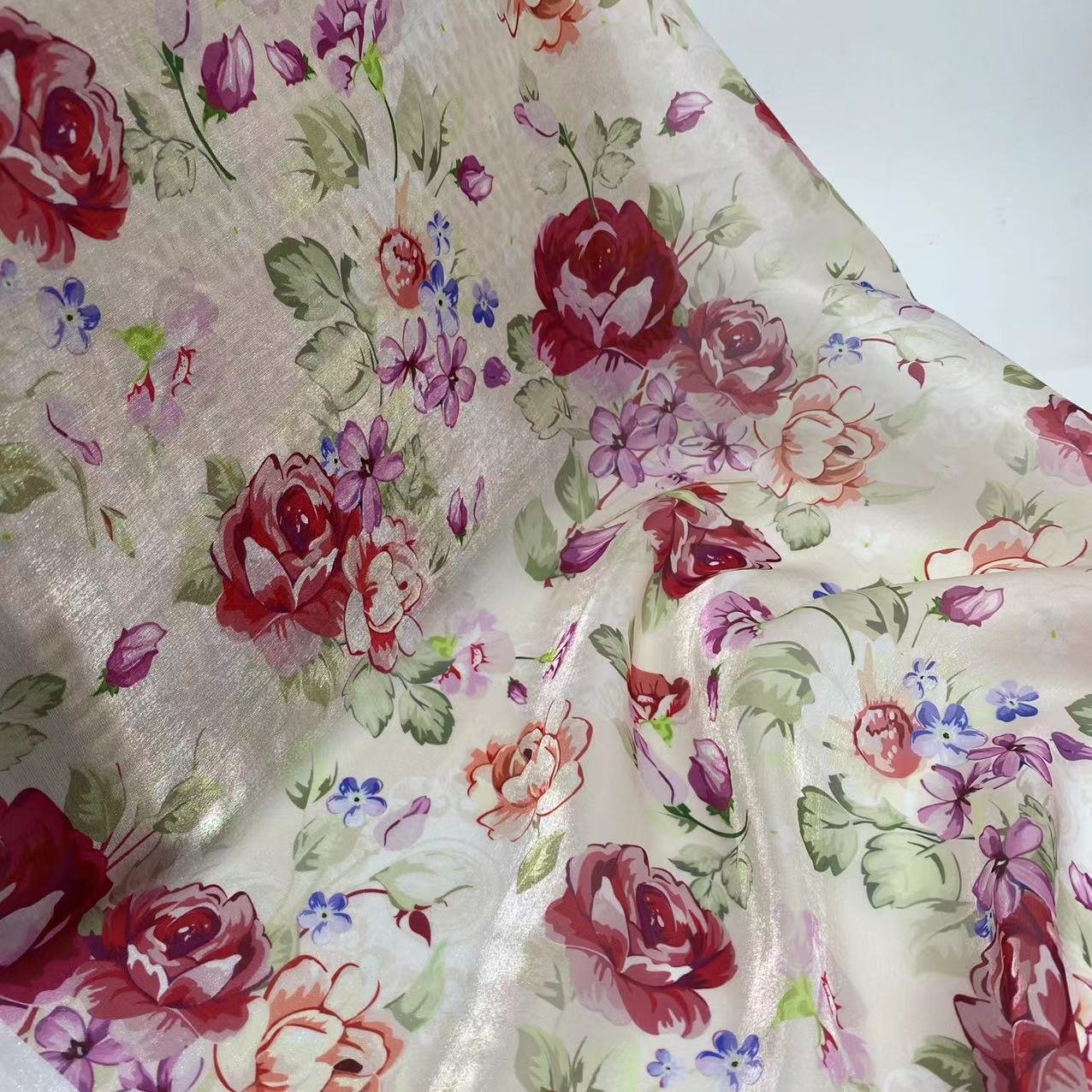 High Quality Polyester Soft Shiny Lightweight Beautiful Flowers Design Pattern Liquid Organza Fabric for women dress