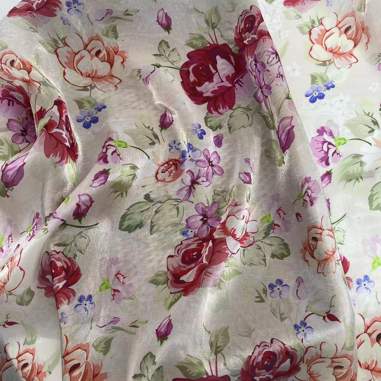 High Quality Polyester Soft Shiny Lightweight Beautiful Flowers Design Pattern Liquid Organza Fabric for women dress