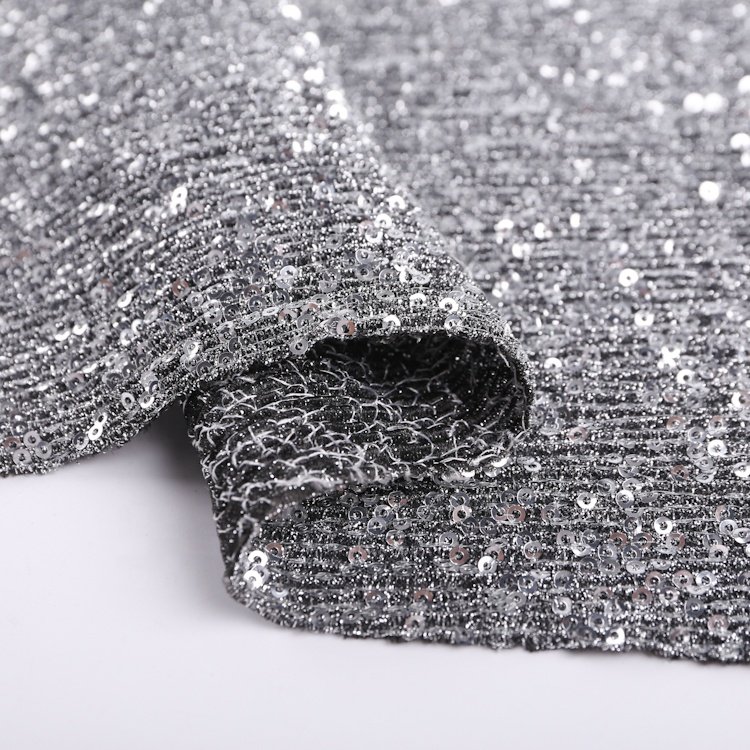Polyester stretch lurex pleter glitter 3mm silver sequin fabric for club dress S-10358