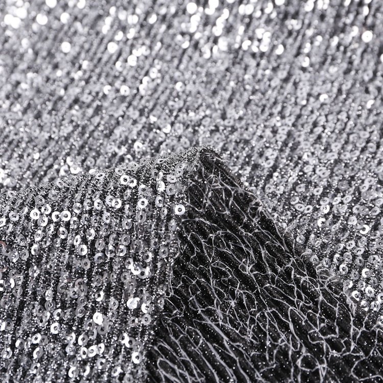 Polyester stretch lurex pleter glitter 3mm silver sequin fabric for club dress S-10358
