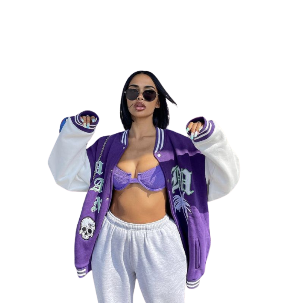 Women's Purple Varsity Jacket Crop Top Low MOQ Wool Leather Baseball Basketball Varsity Jacket Embroidery Rivet Fabric