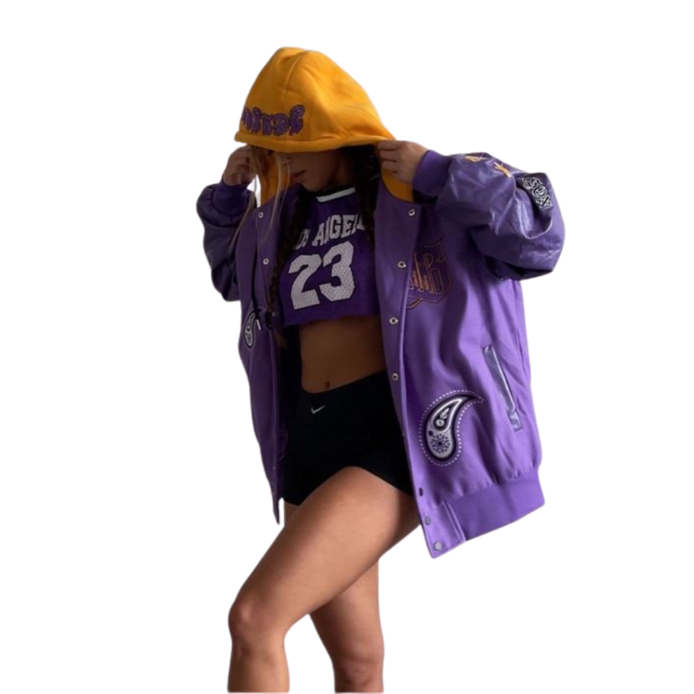 Women's Purple Varsity Jacket Crop Top Low MOQ Wool Leather Baseball Basketball Varsity Jacket Embroidery Rivet Fabric