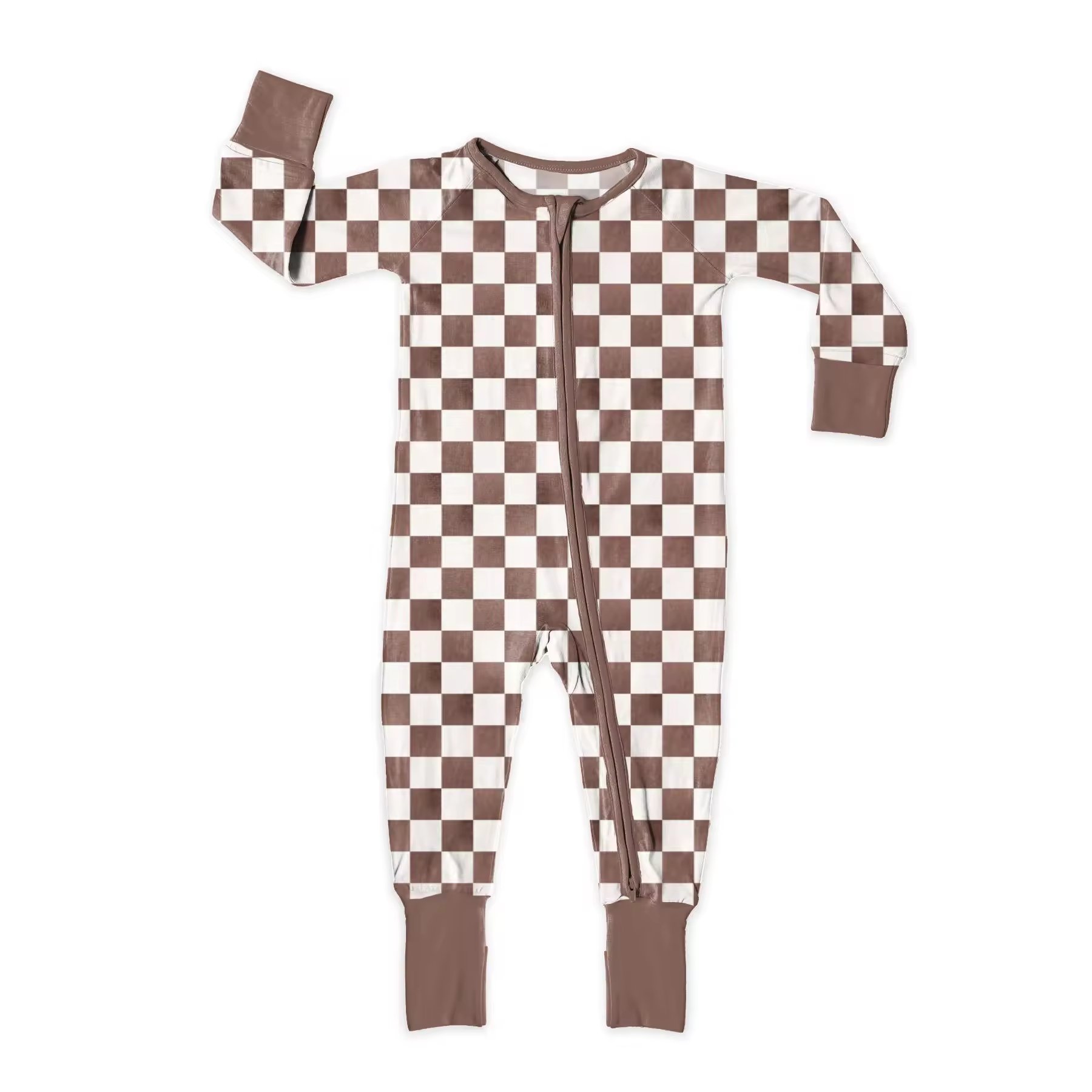 Custom Checker Print Double Zipper Kids Bamboo Clothing Baby Romper Knitted Bamboo Fiber Fabric Romper Bodysuit Bodysuit Baby