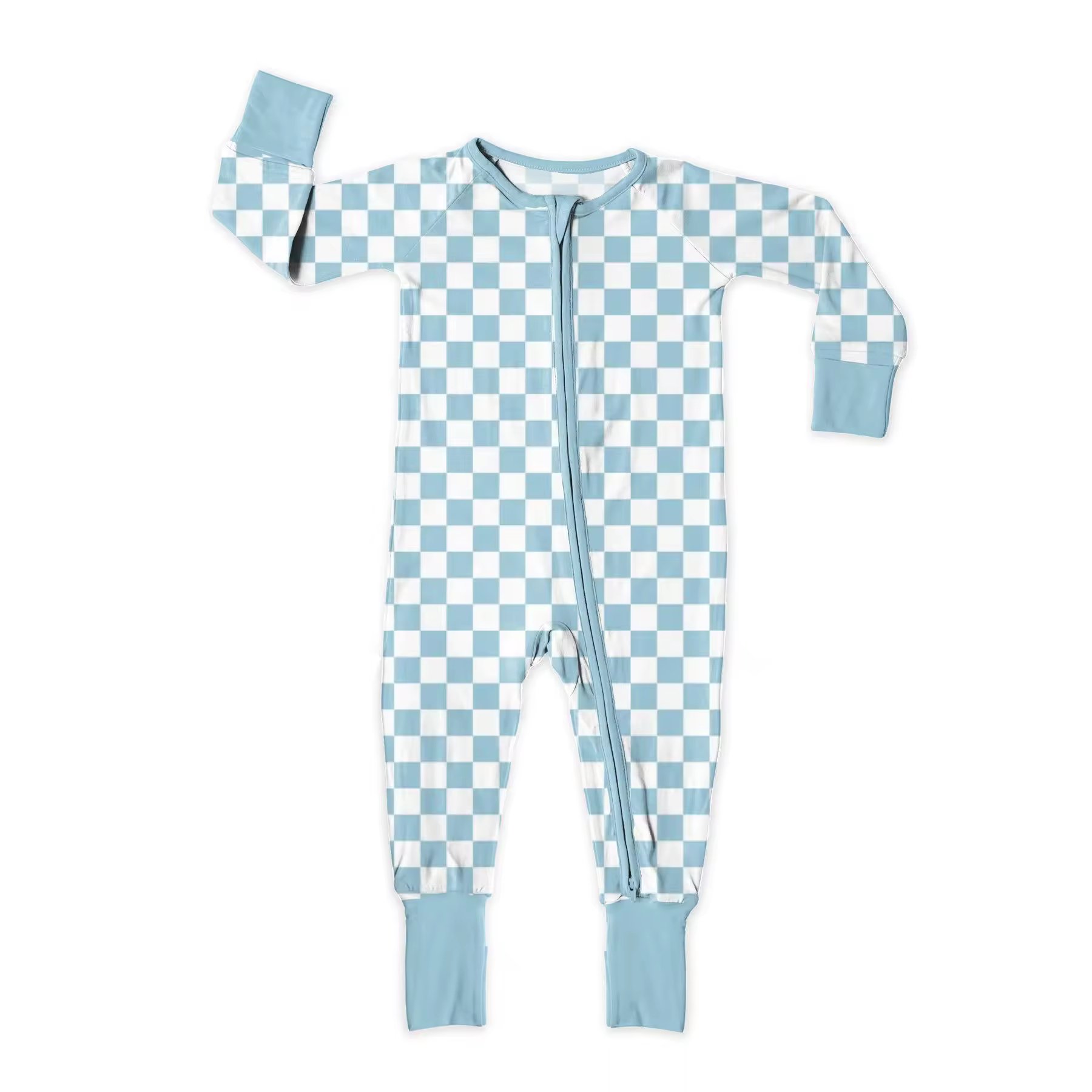 Custom Checker Print Double Zipper Kids Bamboo Clothing Baby Romper Knitted Bamboo Fiber Fabric Romper Bodysuit Bodysuit Baby
