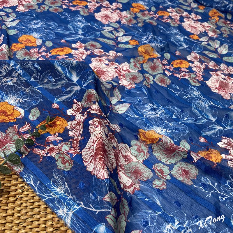high end fabric supplier metallic stripe chiffon fabric printing for lady's dress and garments