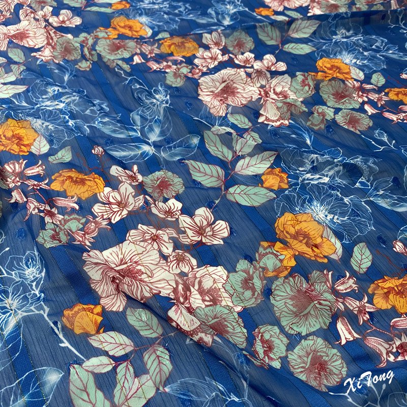 high end fabric supplier metallic stripe chiffon fabric printing for lady's dress and garments