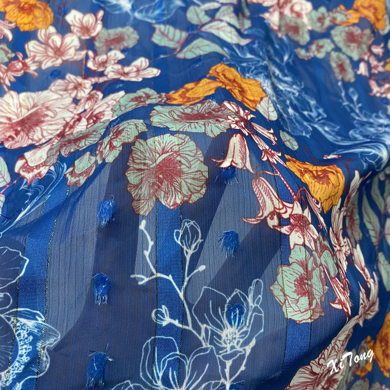 high end fabric supplier metallic stripe chiffon fabric printing for lady's dress and garments