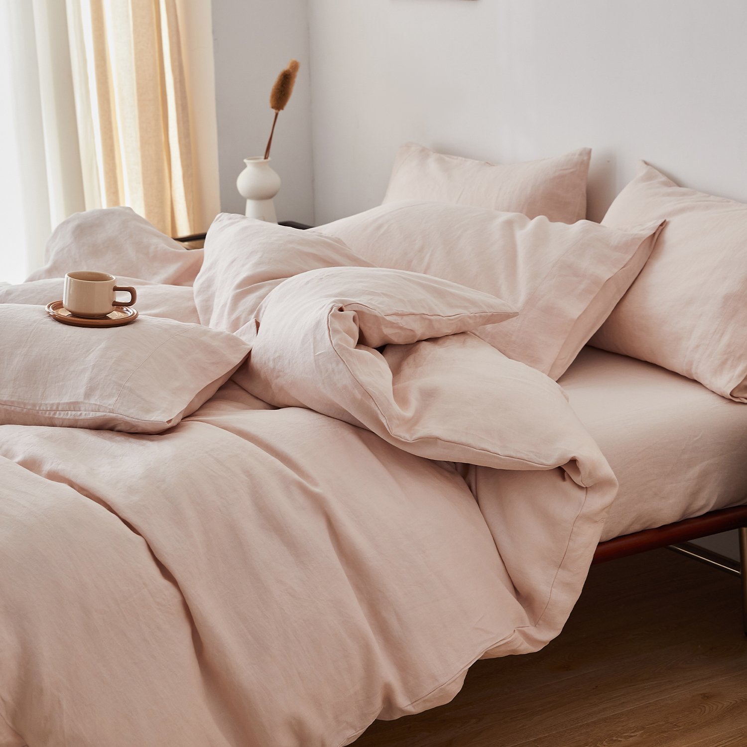 luxury hotel home custom size king solid pink french organic pure linen duvet cover set with buttons
