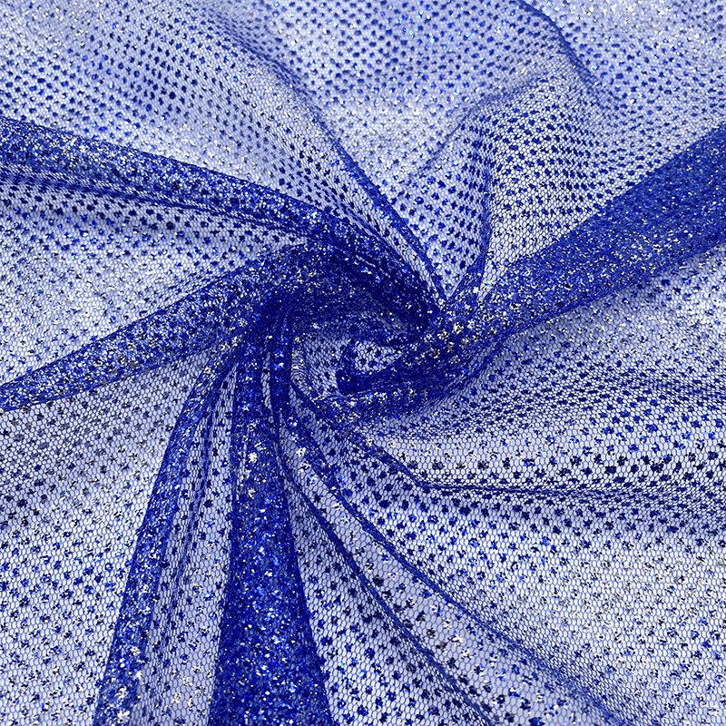 Blue 100% Polyester Net Mesh Fabric With Silver Sequins Powder Super Sparkle Glitter Tulle Fabric For Bridal Dress