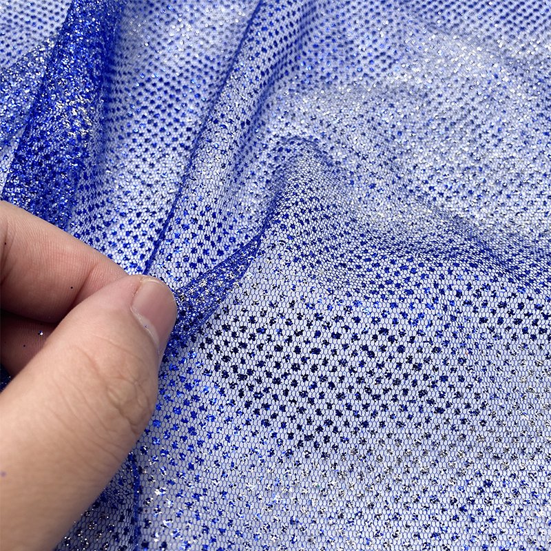 Blue 100% Polyester Net Mesh Fabric With Silver Sequins Powder Super Sparkle Glitter Tulle Fabric For Bridal Dress