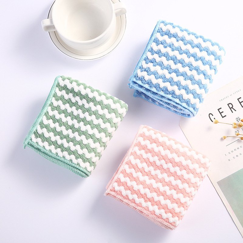 Cationic Wipe Coral Fleece Absorbent Striped Hand Towel Oil-free Microfiber Fabric Kitchen Cleaning Wipe Scrubbing cloth