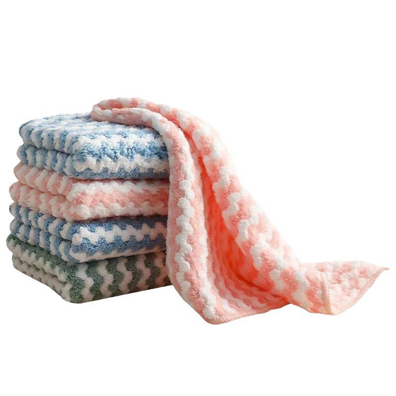 Cationic Wipe Coral Fleece Absorbent Striped Hand Towel Oil-free Microfiber Fabric Kitchen Cleaning Wipe Scrubbing cloth