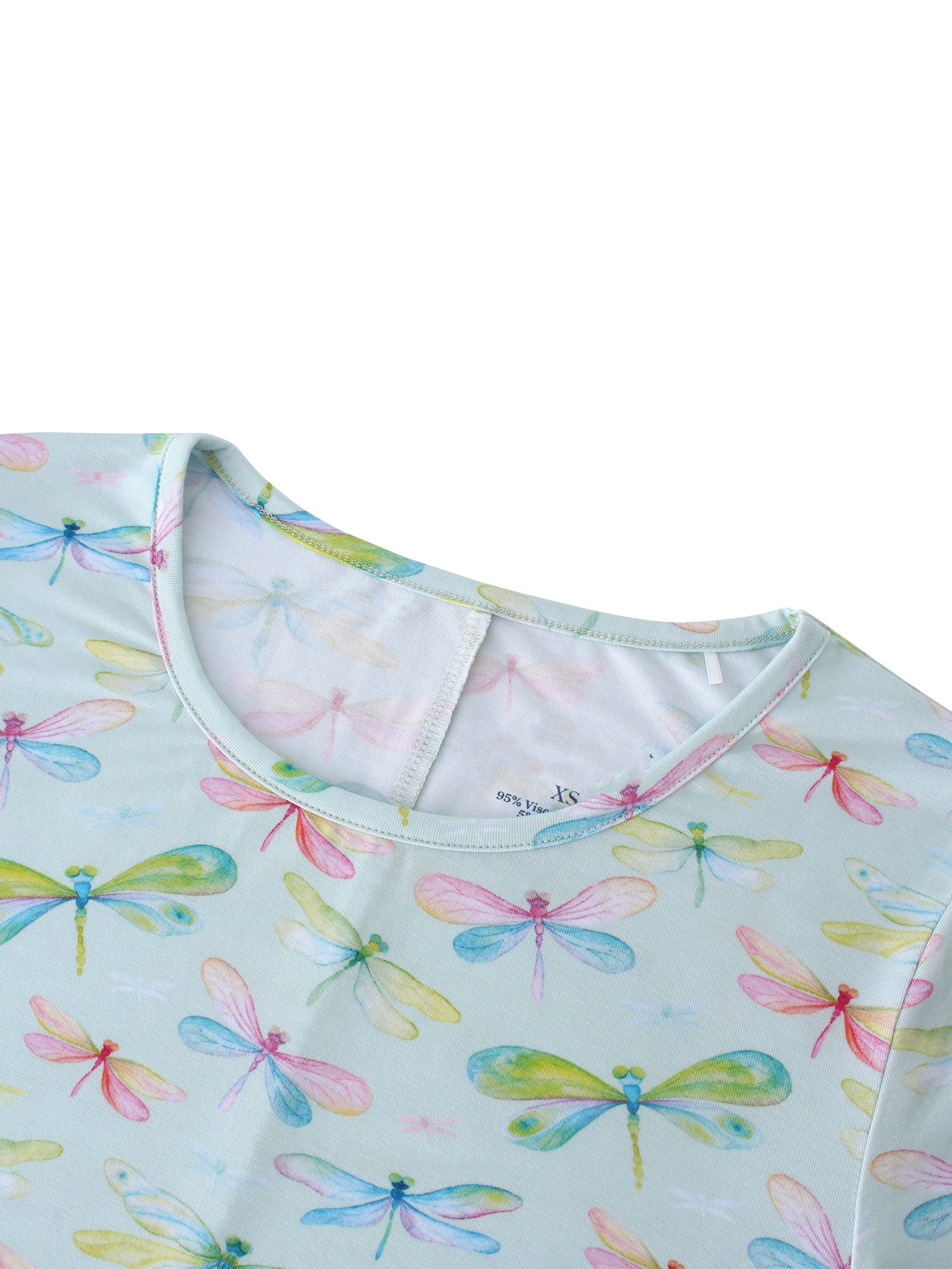 Customizable Blue Bamboo Fiber Dress for Girls Long Summer Dress with Dragonfly Print Cute Style OEKO Certified Short Sleeves